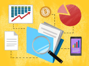 illustration of a file, papers, a phone with a graph on the screen, and several charts