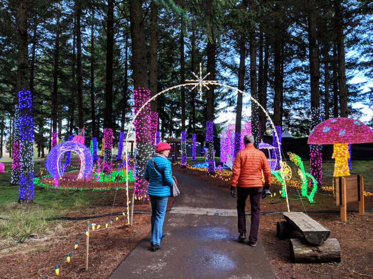 Mushroom holiday light display at the Oregon Garden Resort